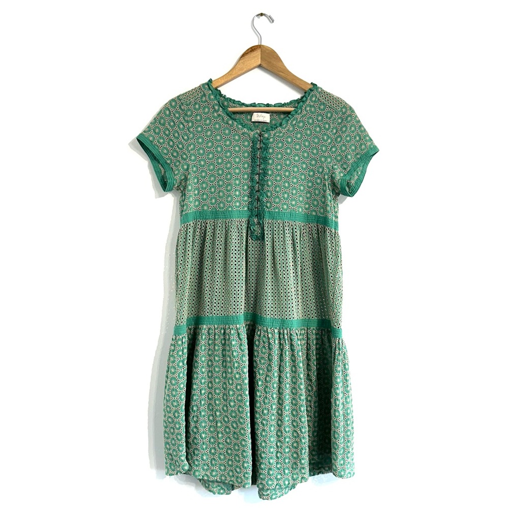Wrap London mini dress eyelet embroidered boho green tiered hem
